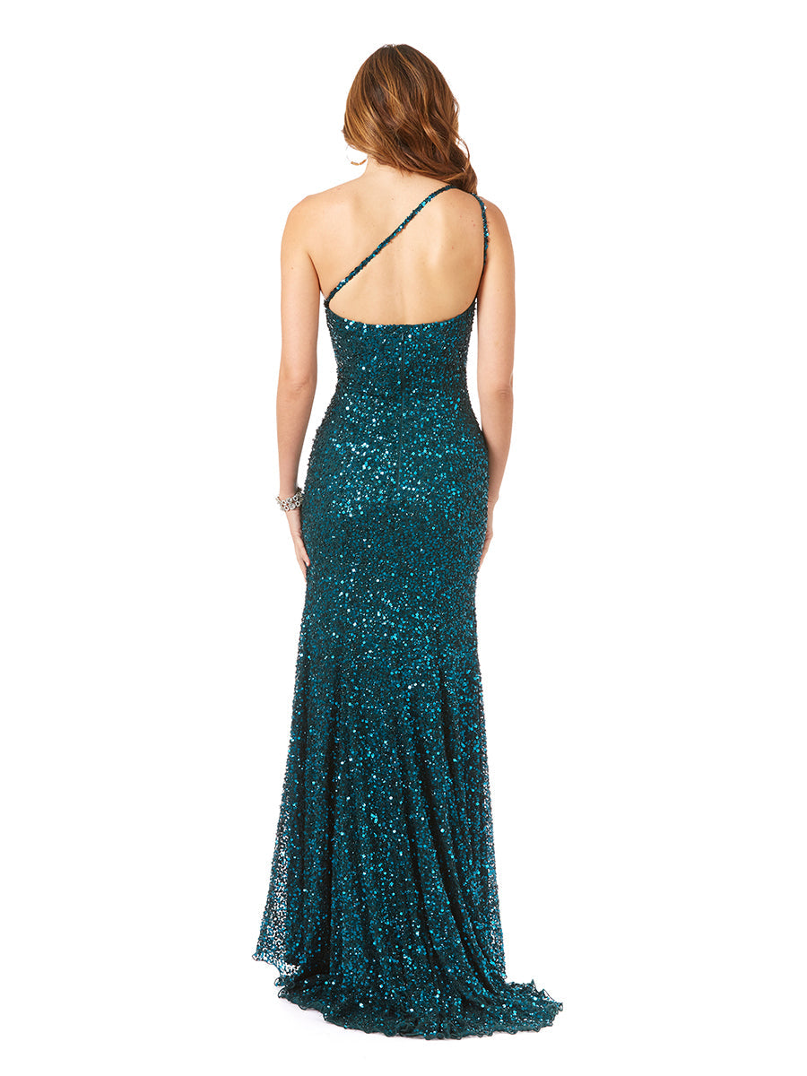 One-Shoulder Beaded Gown with Slit - OUTLET