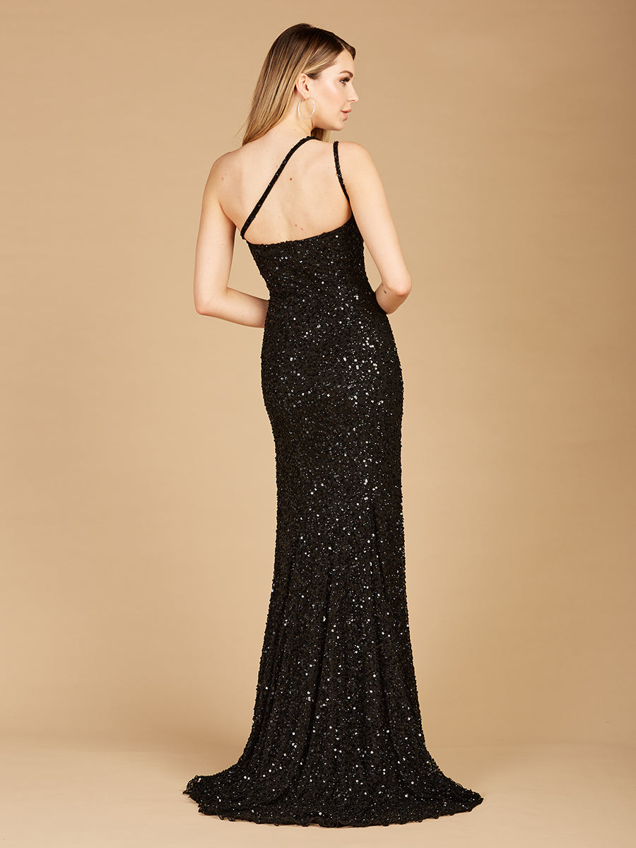 One-Shoulder Beaded Gown with Slit - OUTLET