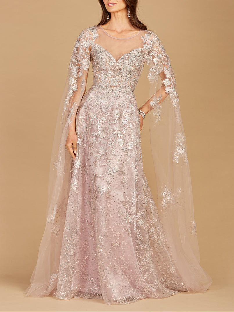 Lace Gown with Cape Sleeves, Sweetheart Neckline | 29300