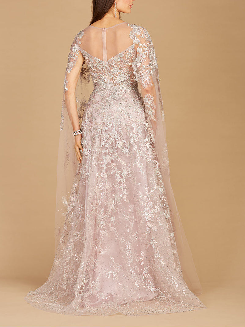 Lace Gown with Cape Sleeves, Sweetheart Neckline | 29300