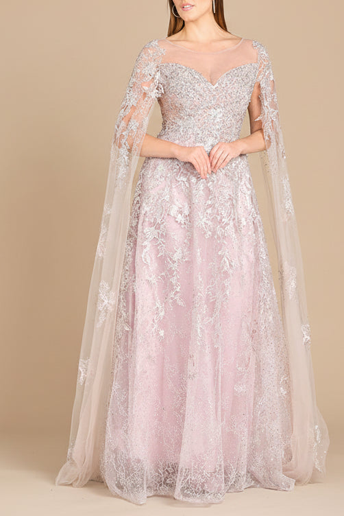 Lace Gown with Cape Sleeves, Sweetheart Neckline | 29300