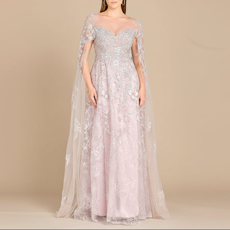 Lace Gown with Cape Sleeves, Sweetheart Neckline | 29300