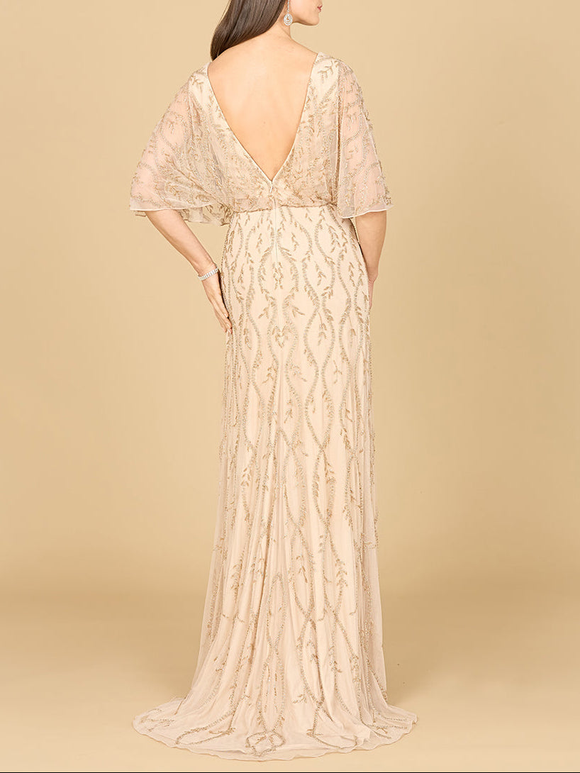 Illusion Cape Sleeve Beaded Gown