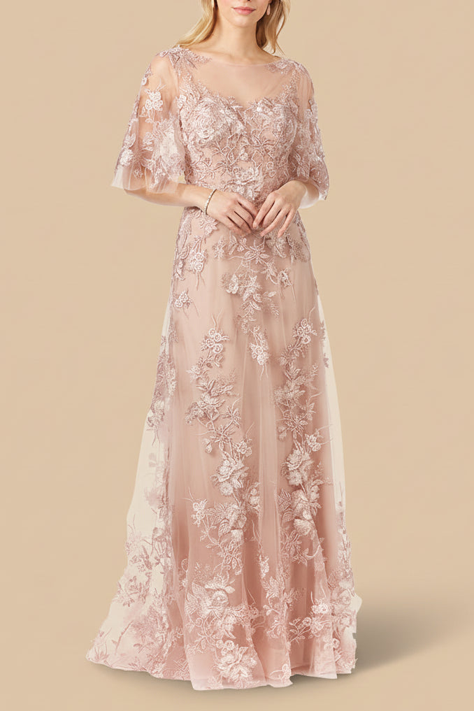 Cape Sleeve Lace Modest Gown