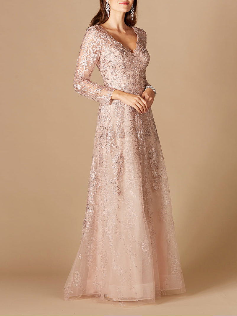 Long Sleeve V-Neck Lace Gown