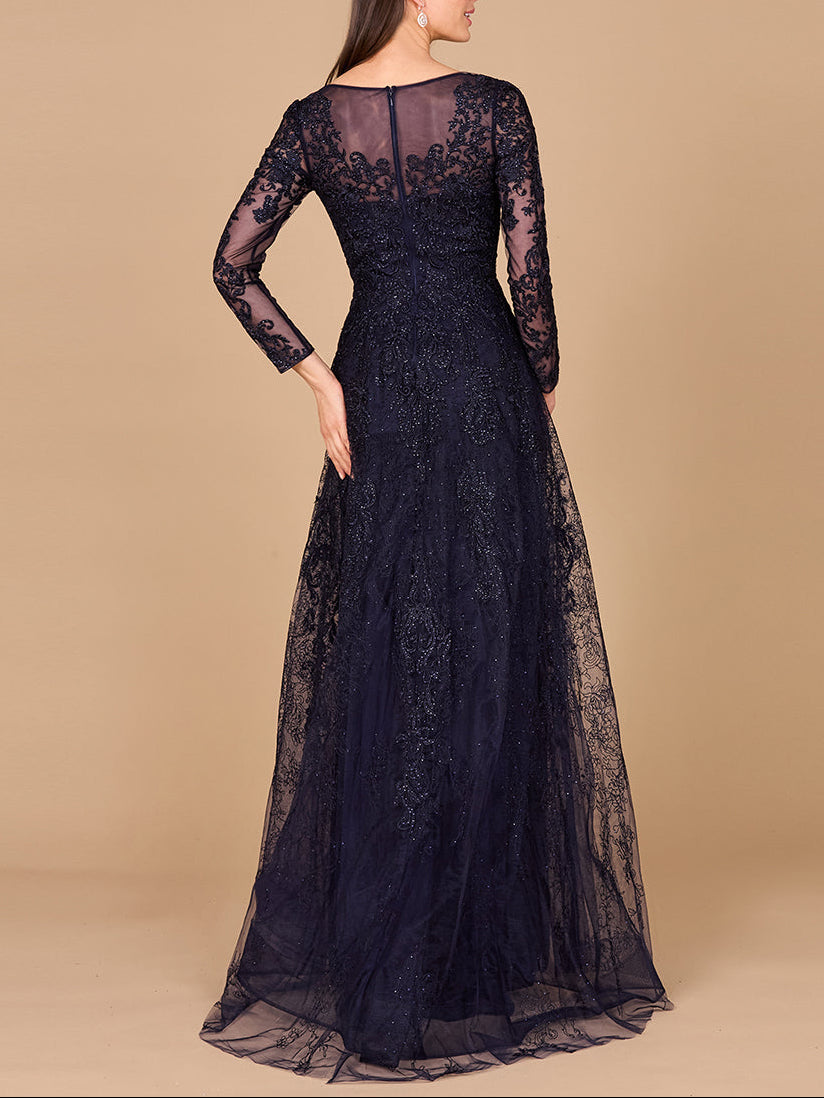 Long Sleeve V-Neck Lace Gown