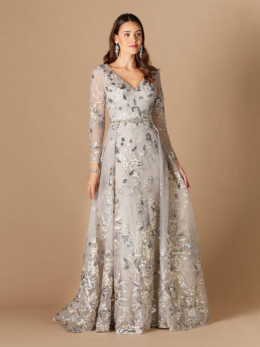 Long Sleeve V-Neck Gown with Attached Overskirt OUTLET