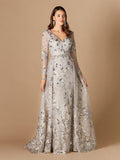 Long Sleeve V-Neck Gown with Attached Overskirt OUTLET