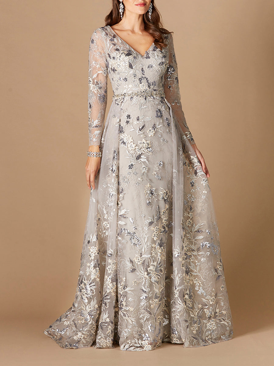 Long Sleeve V-Neck Gown with Attached Overskirt OUTLET