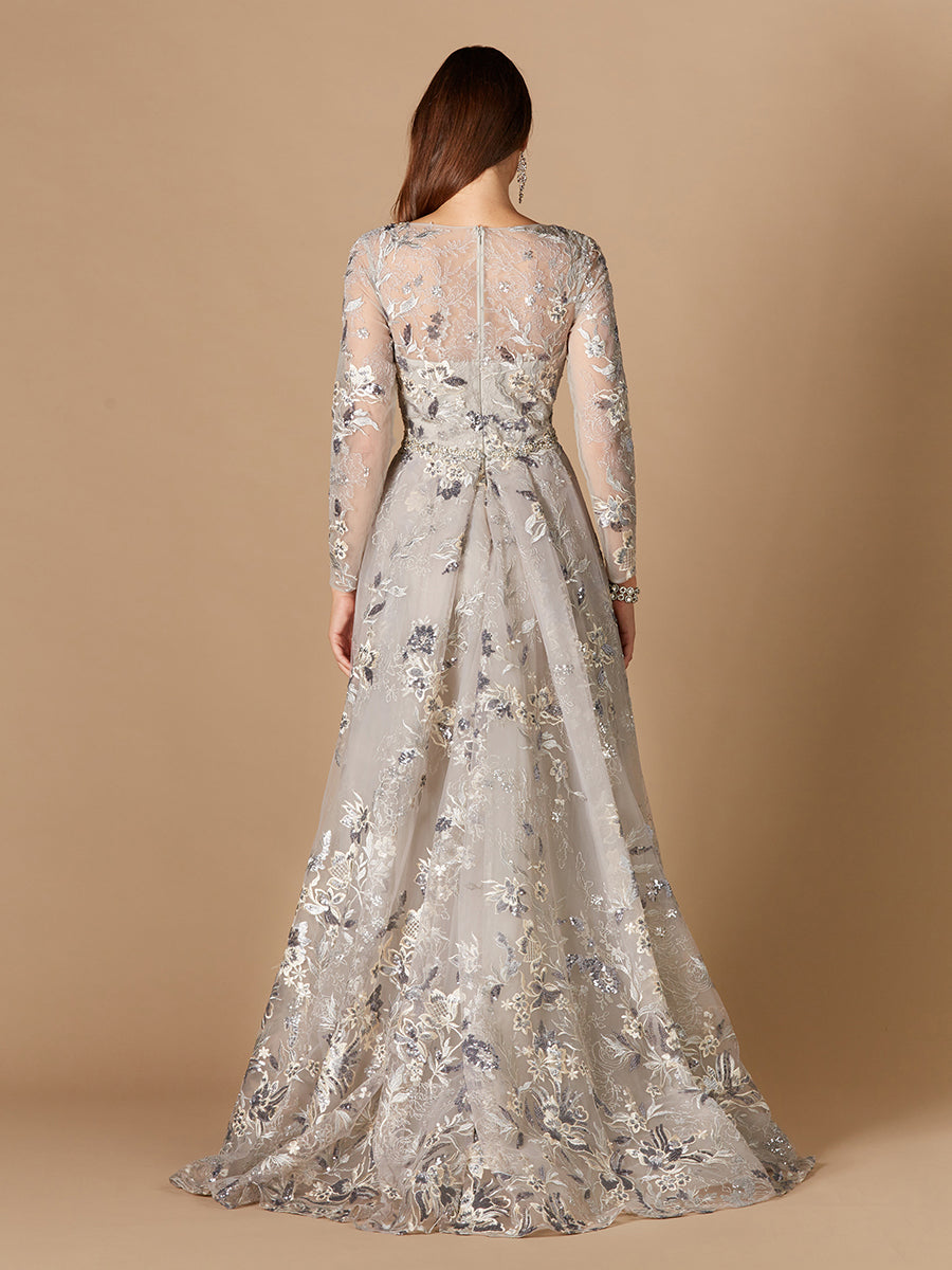 Long Sleeve V-Neck Gown with Attached Overskirt OUTLET