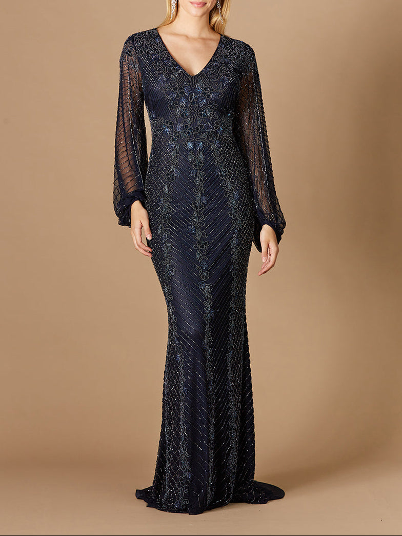 Long Sleeve Beaded Gown with Balloon Sleeves