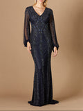 Long Sleeve Beaded Gown with Balloon Sleeves