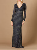 Long Sleeve Belted Beaded Gown