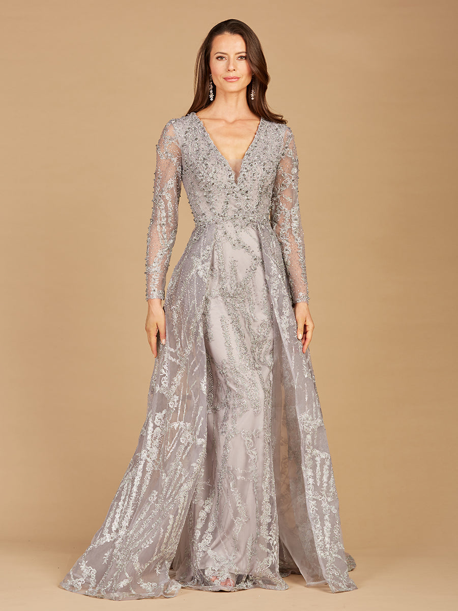 Long Sleeve Lace Gown with Overskirt