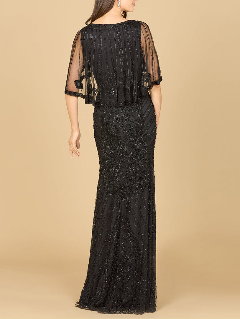 Cape Sleeve V-Neck Beaded Gown | 29356