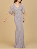 Cape Sleeve V-Neck Beaded Gown | 29356