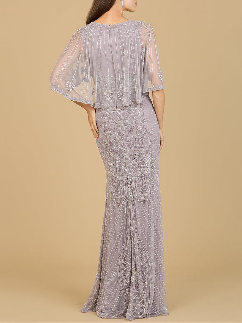 Cape Sleeve V-Neck Beaded Gown | 29356