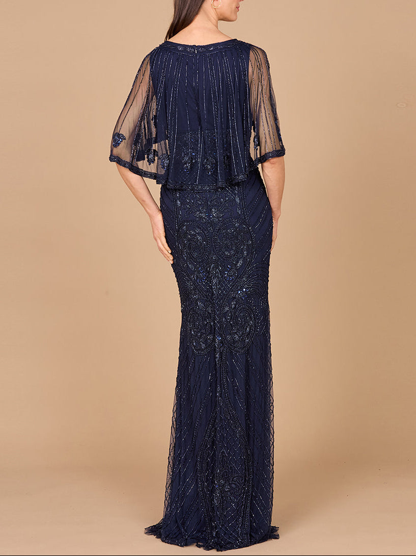Cape Sleeve V-Neck Beaded Gown | 29356
