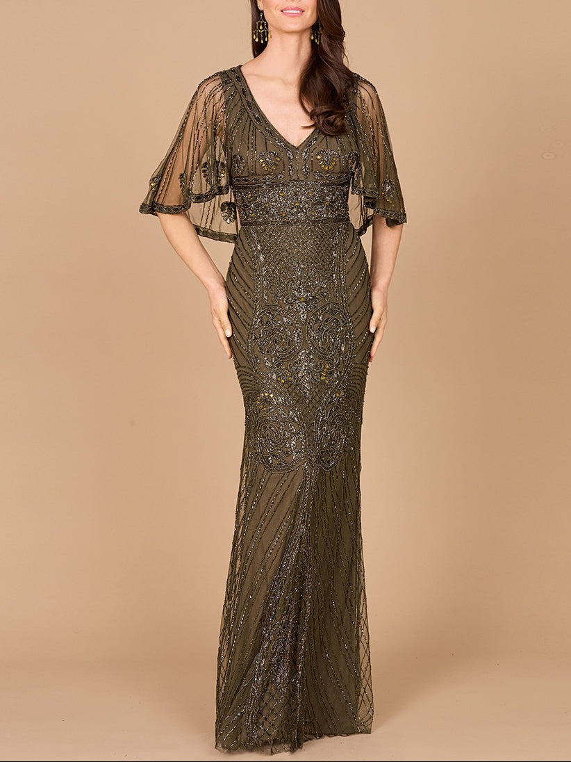 Cape Sleeve V-Neck Beaded Gown | 29356