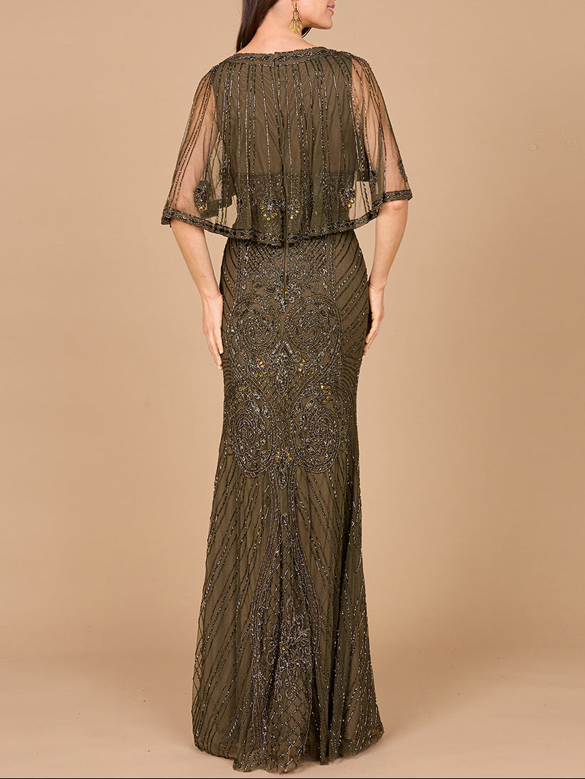 Cape Sleeve V-Neck Beaded Gown | 29356
