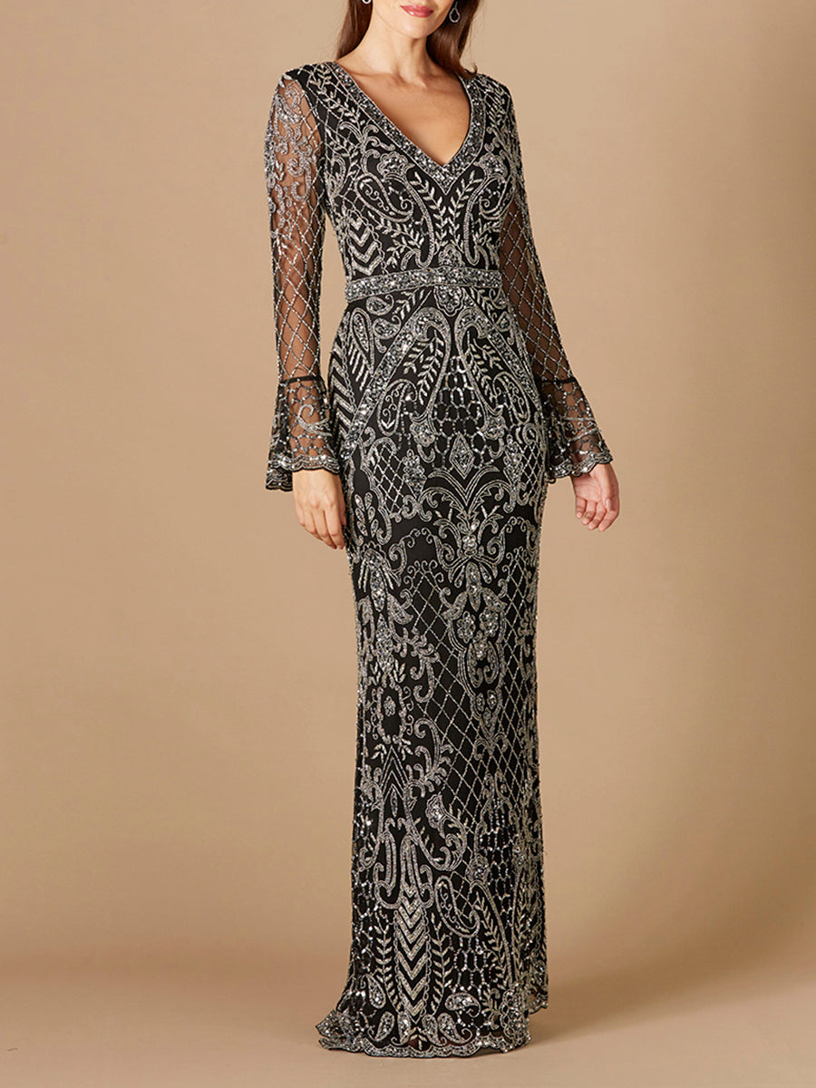Long Bell Sleeve V-Neck Beaded Gown | 29358