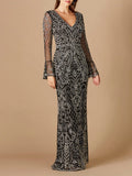 Long Bell Sleeve V-Neck Beaded Gown | 29358