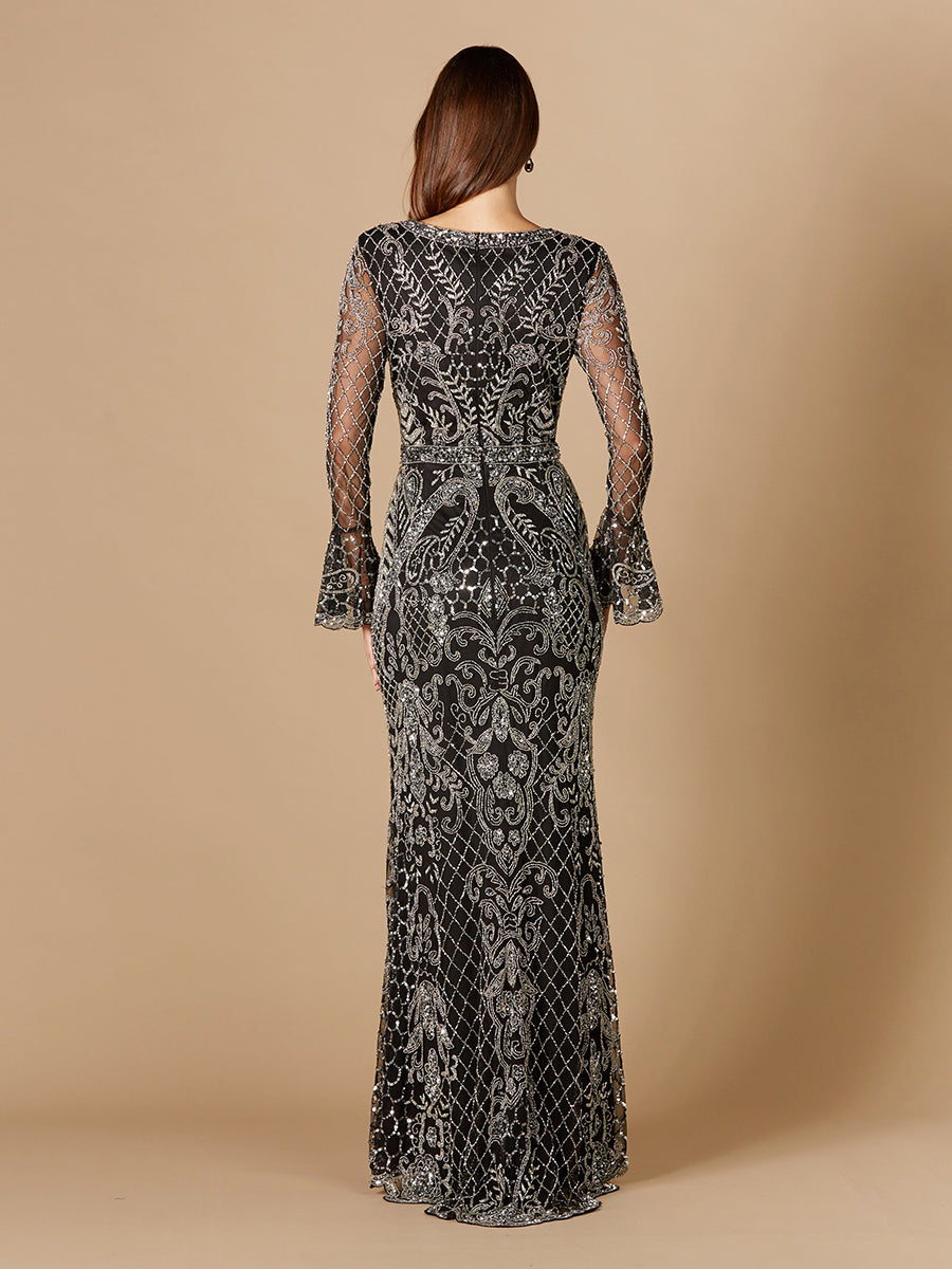 Long Bell Sleeve V-Neck Beaded Gown | 29358