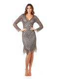 Long Sleeve Midi Dress with V-Neckline and Fringes
