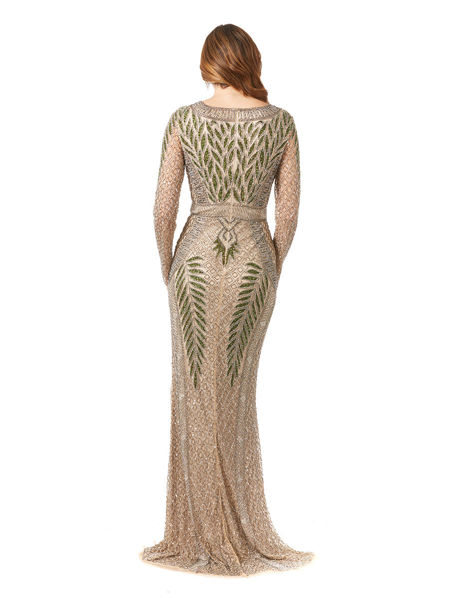 Long Sleeve Contrast Beaded Gown