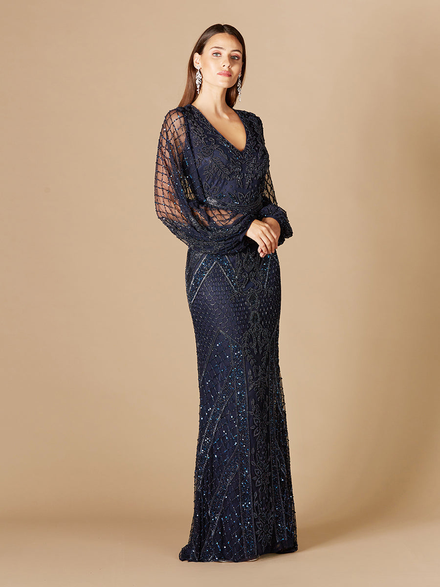 Long Flutter Sleeves Beaded Dress
