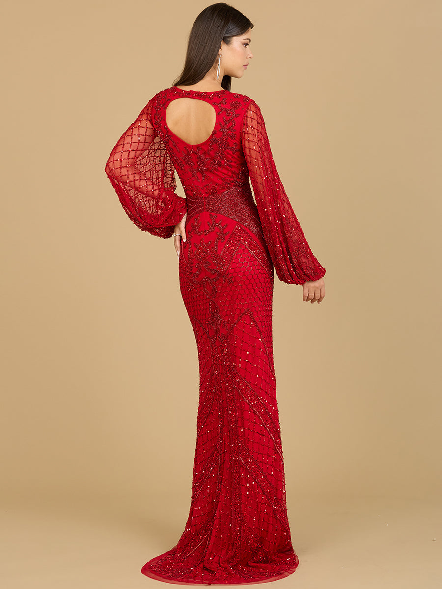 Long Flutter Sleeves Beaded Dress