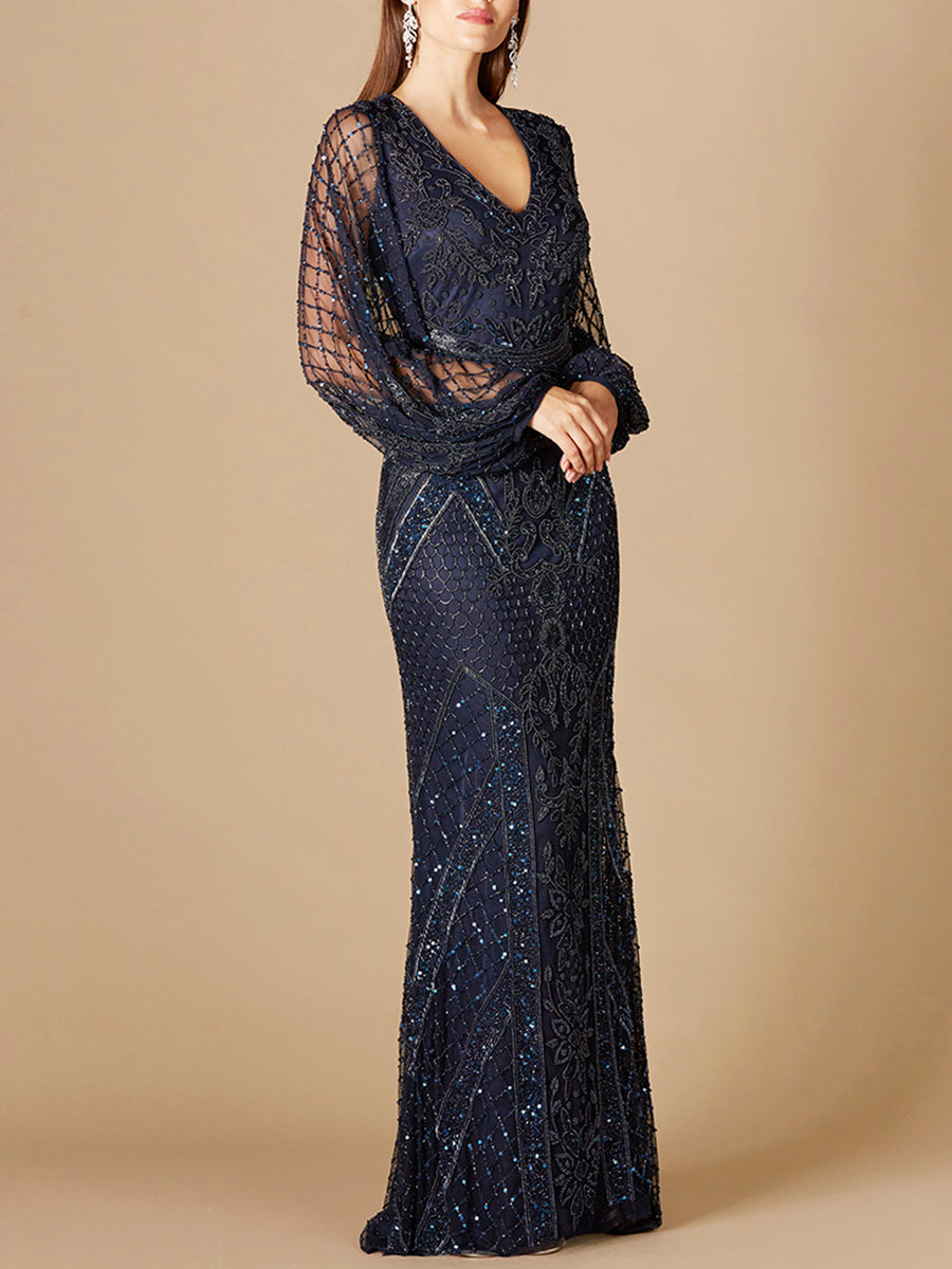 Long Flutter Sleeves Beaded Dress