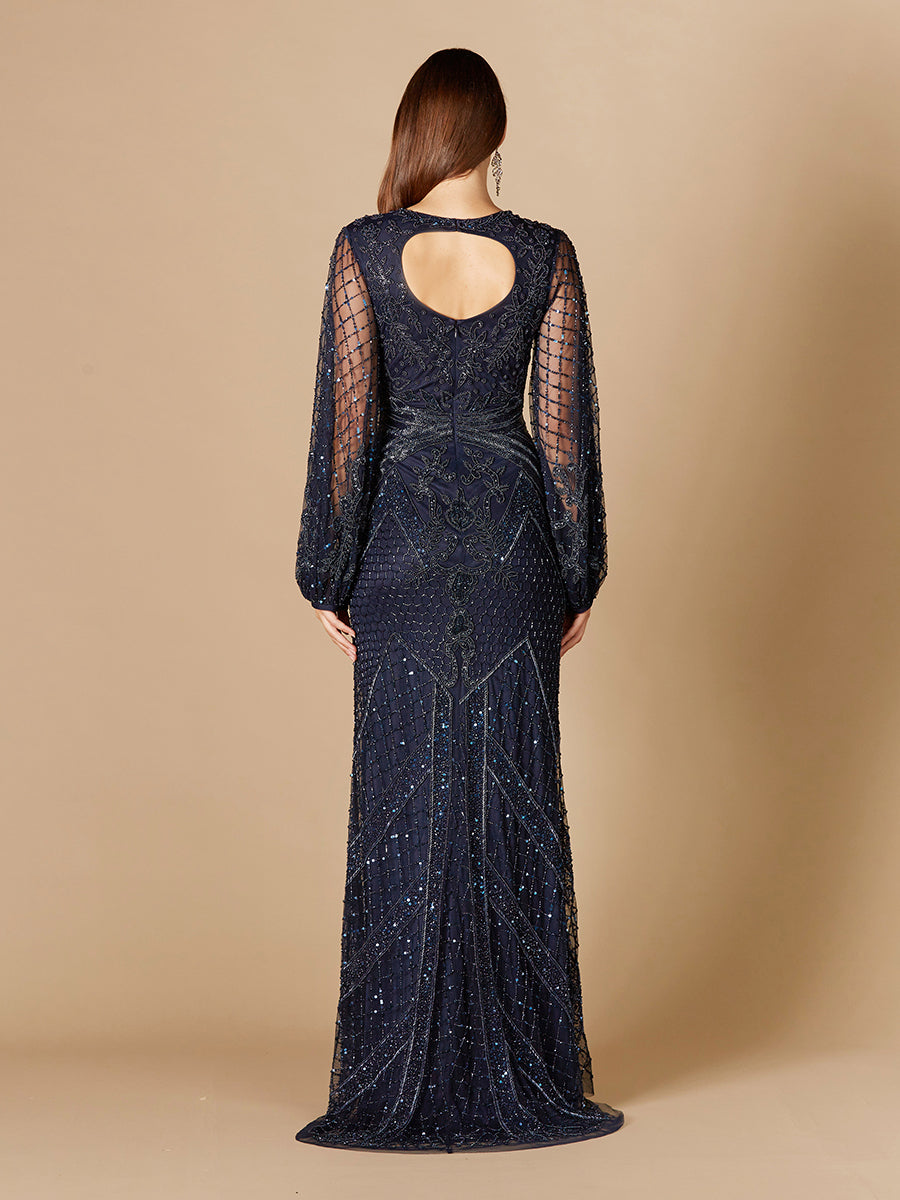 Long Flutter Sleeves Beaded Dress