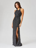 Giselle Beaded Halter Gown with Slit
