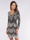 Lara 29377 - Long Sleeve Beaded V-Neck Fringe Cocktail Dress