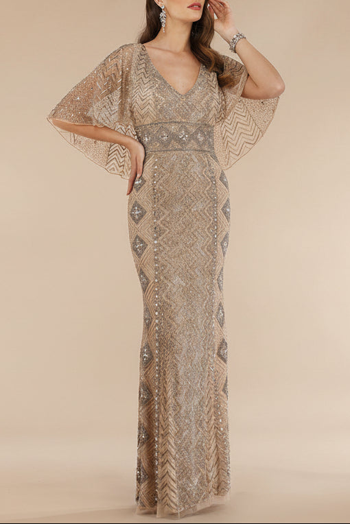 Lara 29397 - Cape Sleeve V-Neck Beaded Gown  - OUTLET