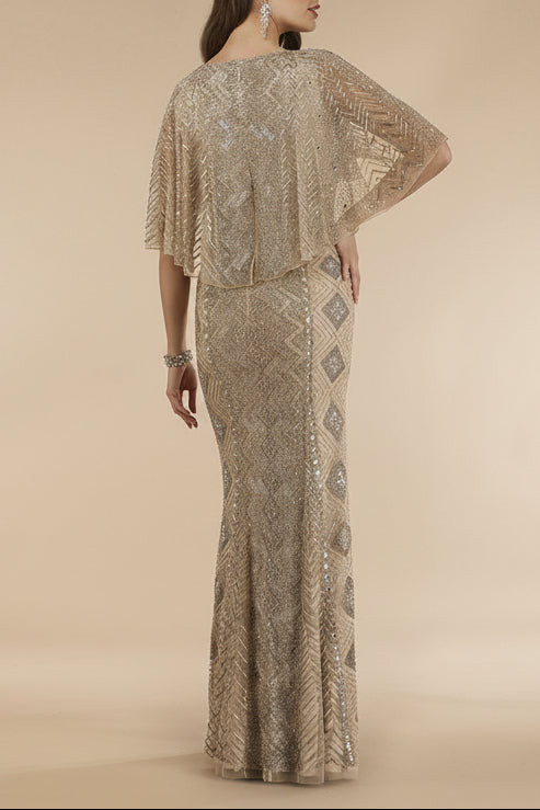 Lara 29397 - Cape Sleeve V-Neck Beaded Gown  - OUTLET
