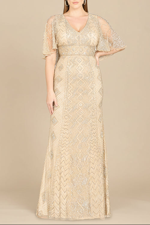 Lara 29397 - Cape Sleeve V-Neck Beaded Gown  - OUTLET