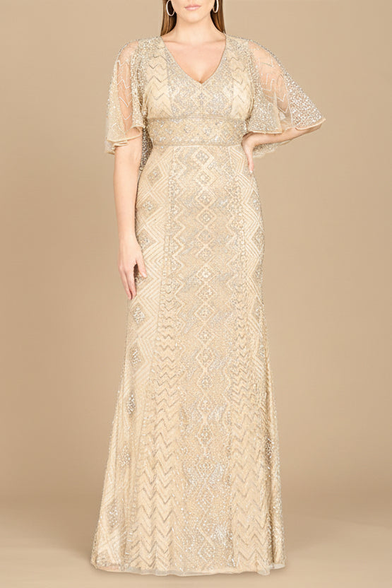 Lara 29397 - Cape Sleeve V-Neck Beaded Gown  - OUTLET