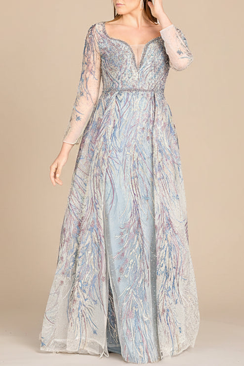 Long Sleeve Contrast Embroidered Gown with Overskirt
