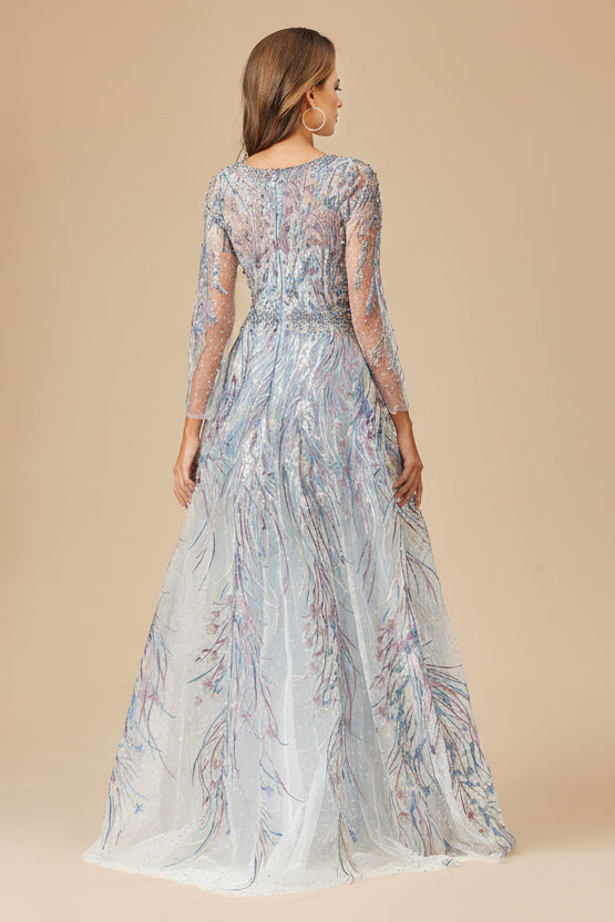 Long Sleeve Contrast Embroidered Gown with Overskirt