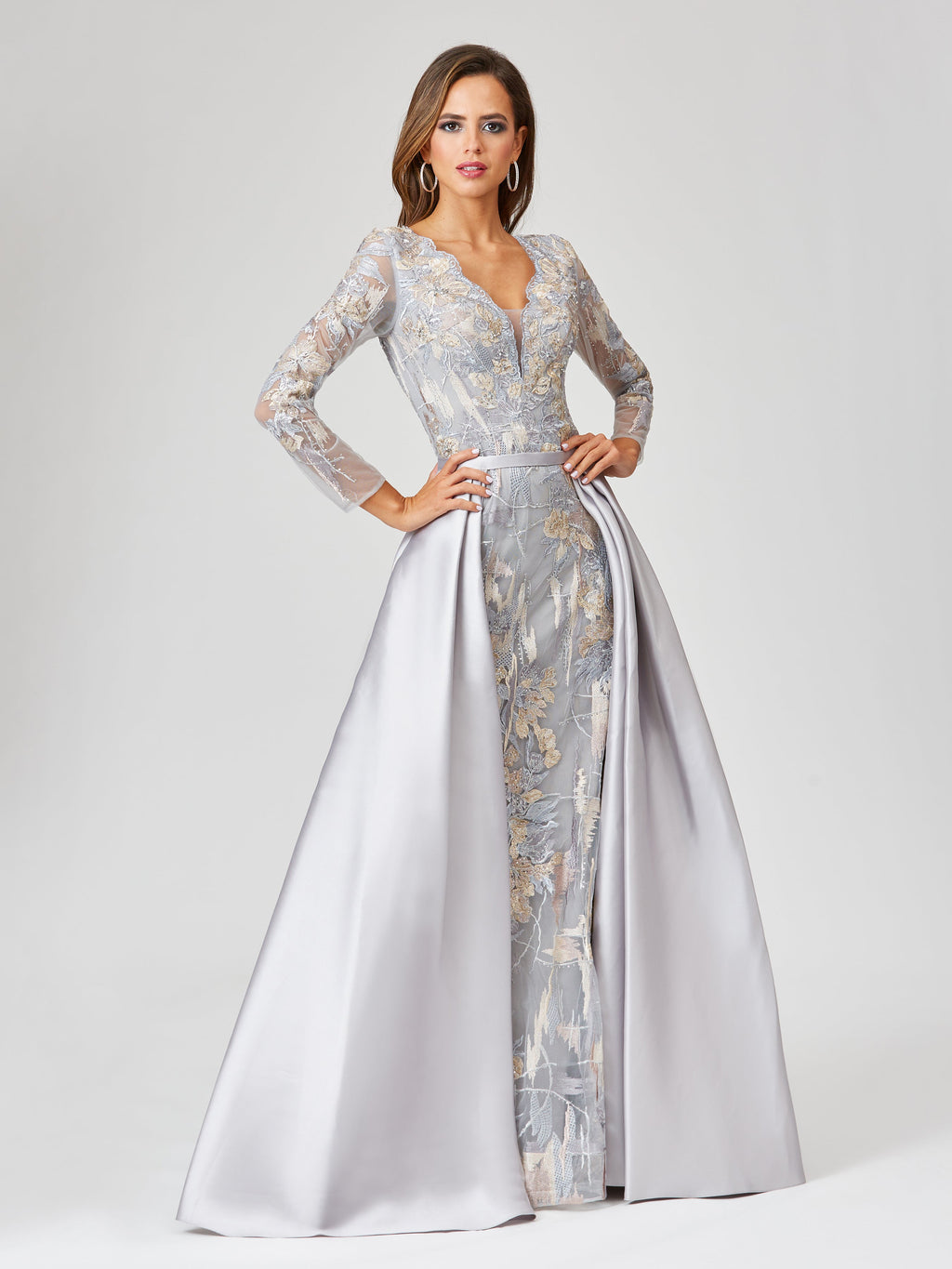 Long Sleeve Lace Gown with Removable Over Skirt | 29468