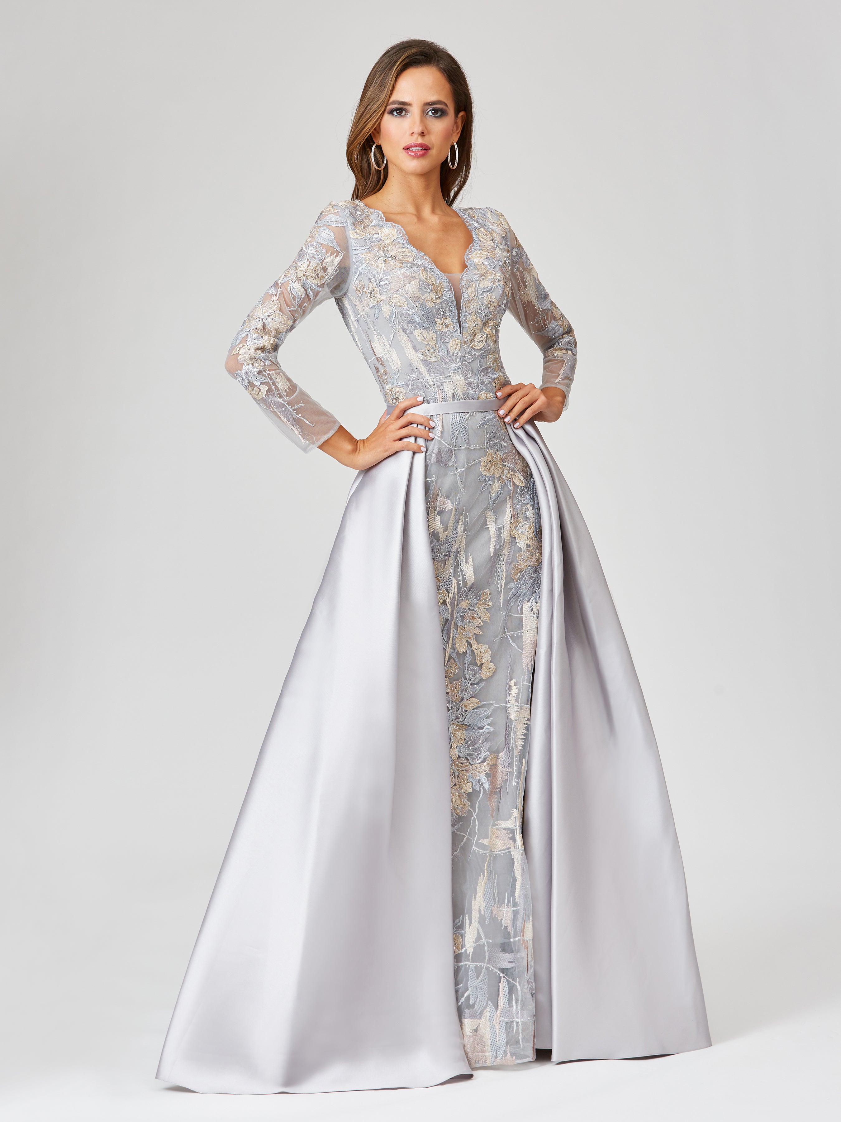 Long Sleeve Lace Gown with Removable Over Skirt | 29468