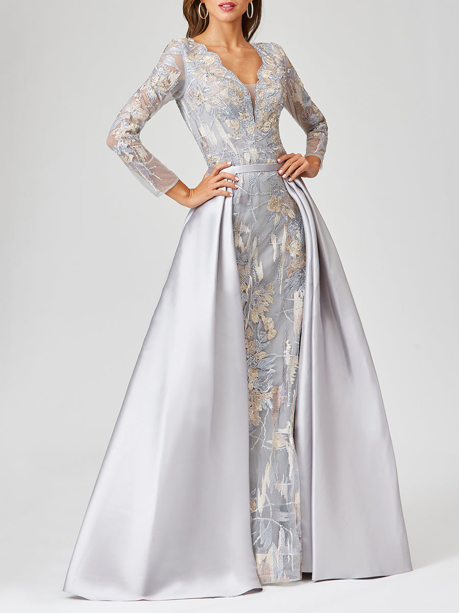 Long Sleeve Lace Gown with Removable Over Skirt | 29468