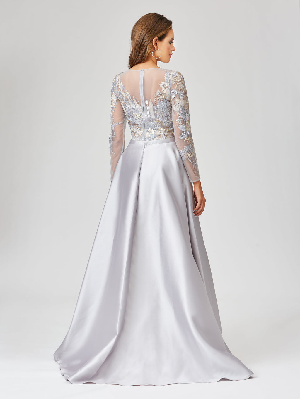 Long Sleeve Lace Gown with Removable Over Skirt | 29468