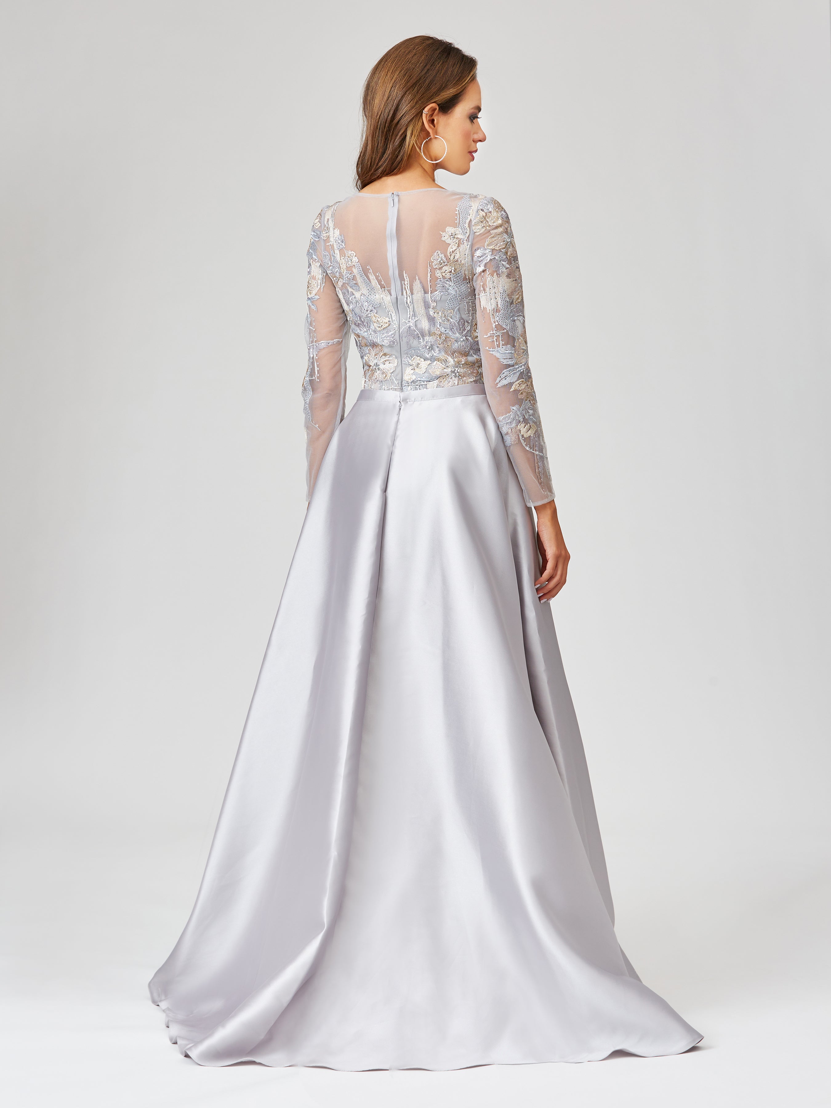 Long Sleeve Lace Gown with Removable Over Skirt | 29468