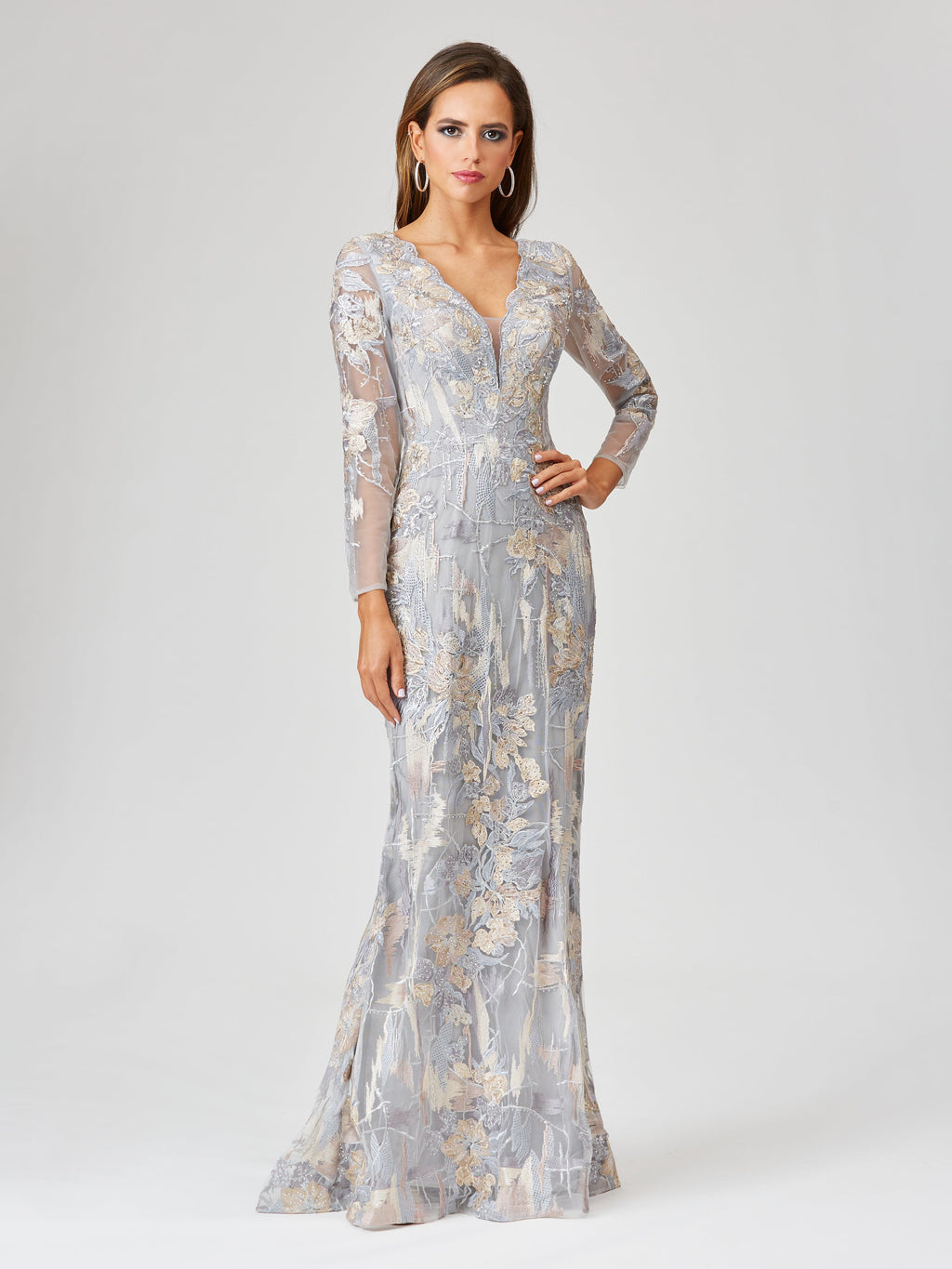 Long Sleeve Lace Gown with Removable Over Skirt | 29468