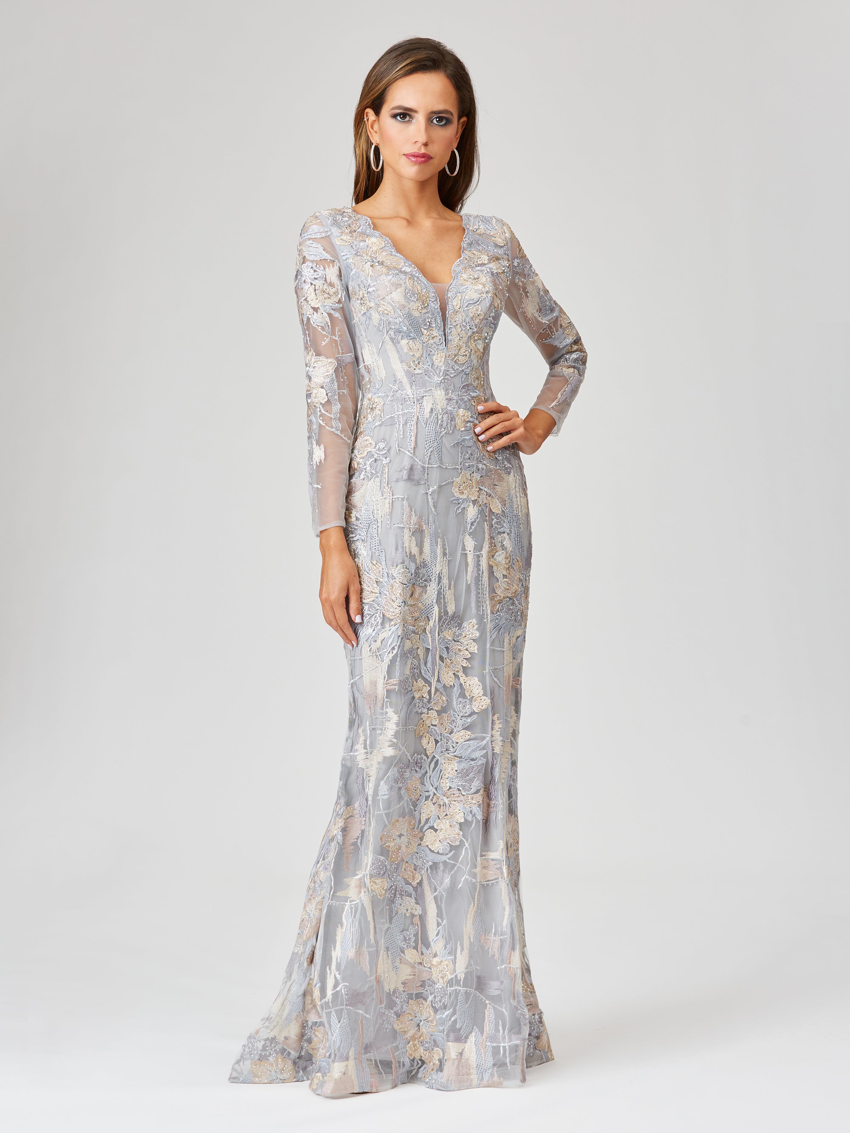 Long Sleeve Lace Gown with Removable Over Skirt | 29468