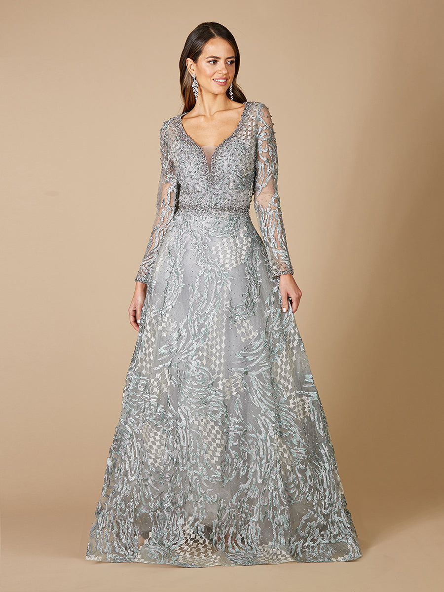 Long Sleeve Lace Ballgown with V-Neckline OUTLET