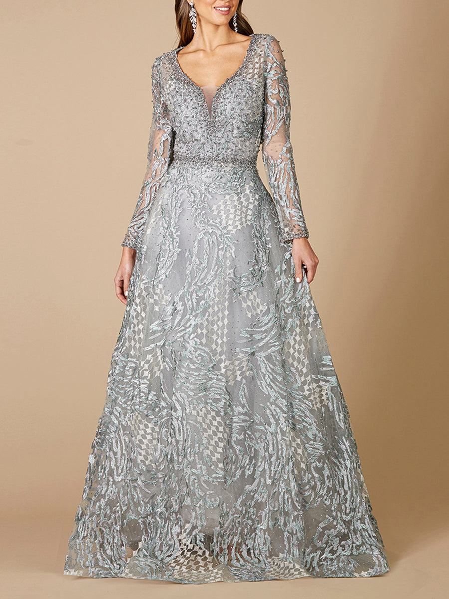 Long Sleeve Lace Ballgown with V-Neckline OUTLET